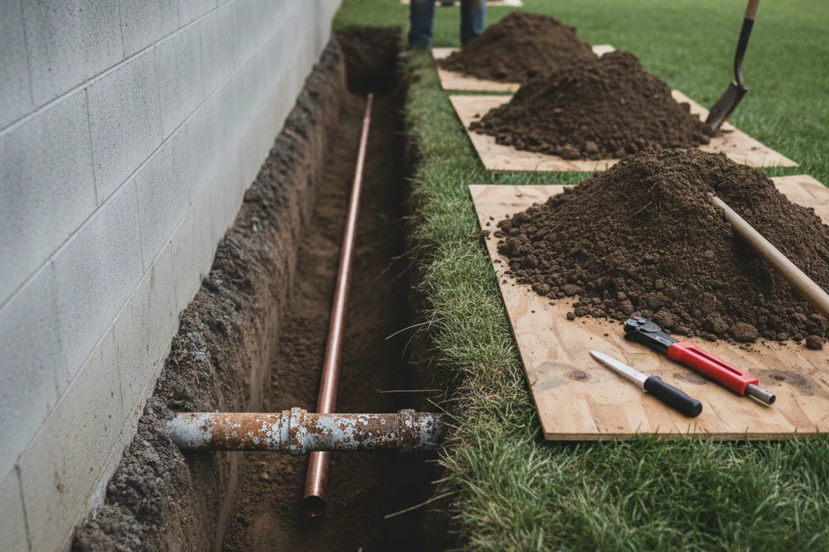 Excavated water line trench during Sewer Line Repair in Romance